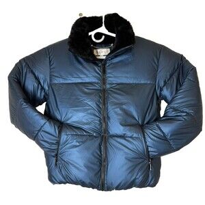 Nicole Miller  Womens Small Puffer Jacket Blue Short Faux Fur Sherpa Lined Zip